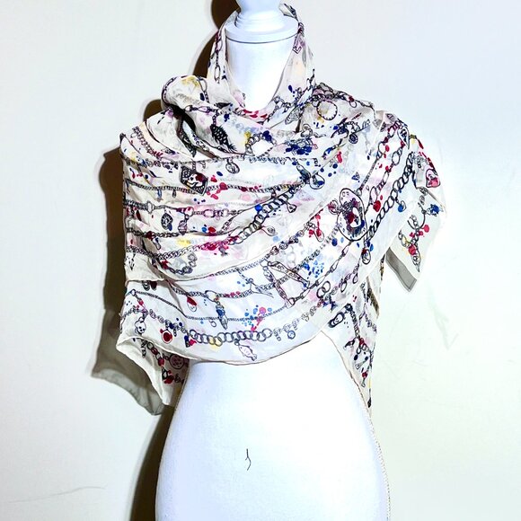 Alexander McQueen Lg Square Silk Charm Bracelet Shawl/Scarf Cream/Blk./Red/Blue - Picture 2 of 13